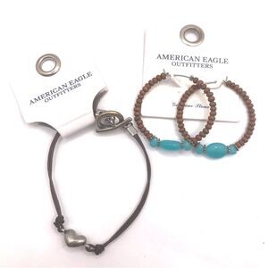 American Eagle O. Brown and Blue Beaded Hoop Earrings with Heart Bracelet Bundle